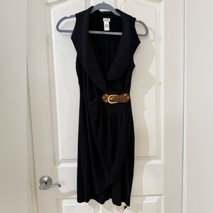 Cache Black Draped Sleeveless Dress with Brown Belt Accent